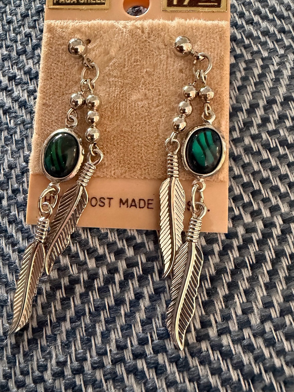 Silver Feather Drop Earrings with a genuine Paua shell Stone